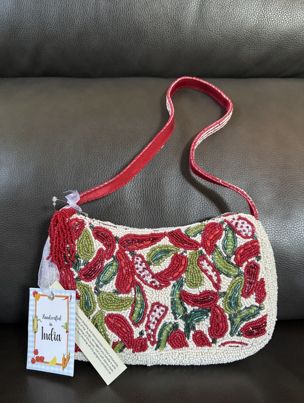 New Hand Beaded Red And Green Chili Pepper Shoulder Bag Made In India